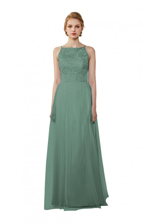 Tulle Lace Illusion Boatneck and Back Bridesmaid Dress with Keyhole 