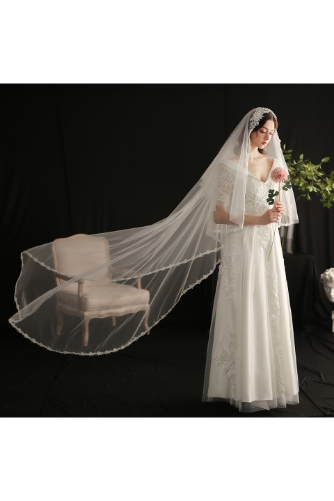 White Super Long Lacework Soft Tulle Wedding Bridal Veil With Comb