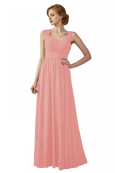 Pleated Long Chiffon Open Back Lace Strap Bridesmaid Dress