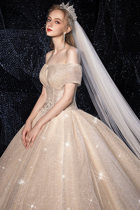 2021 New Glittery Off Shoulder Sleeveless Star Series Tulle Wedding Dress With Long Train
