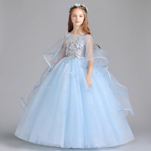 Sky Blue Trumpet Sleeves Sequin & Flower Decor Butterfly Tulle Skirt Girls Pageant Dresses