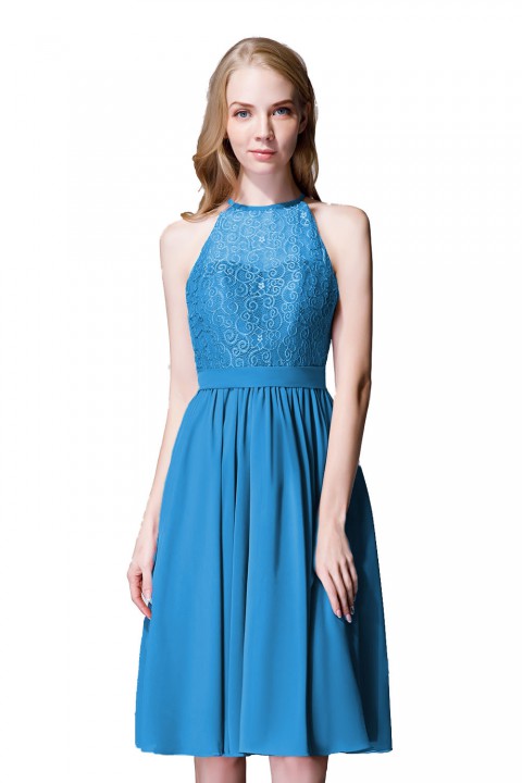 Illusion High Neck Halter Lace Short Bridesmaid Dress with Tie Detail