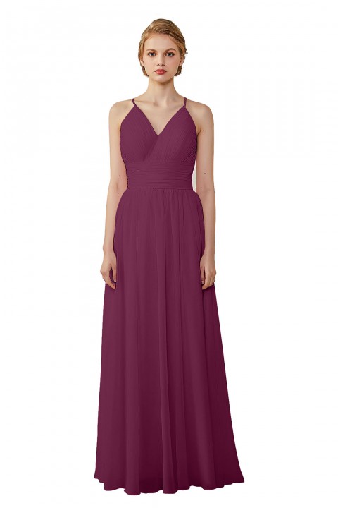 Spaghetti Straps V-Neck Bridesmaid Dress Open Back with Triangle Lace Detail