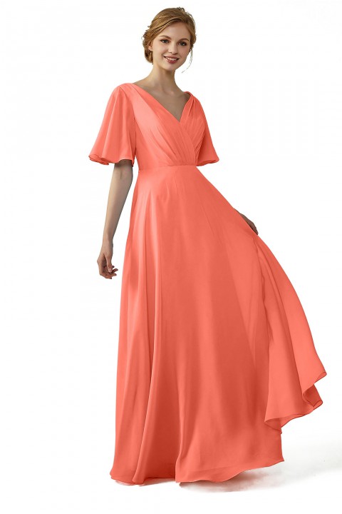 Casual V-Neck Flutter Sleeves Chiffon Ruched Bridesmaid Dress with Keyhole Back