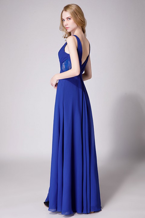 Elegant V-Back Chiffon Tank Bridesmaid Dress with Mesh Lace Inset