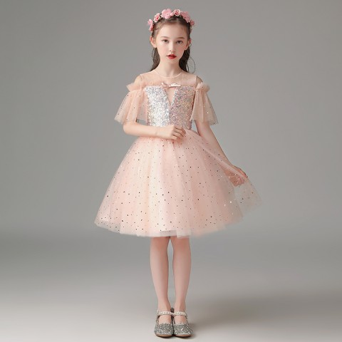 Light Pink Cold Shoulder Short Sleeves Sequins Star Pattern Shiny Tulle Short Skirt Girls Pageant Dress
