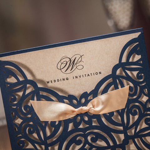 Laser Cut Square Customized Wedding Invitation with Tied