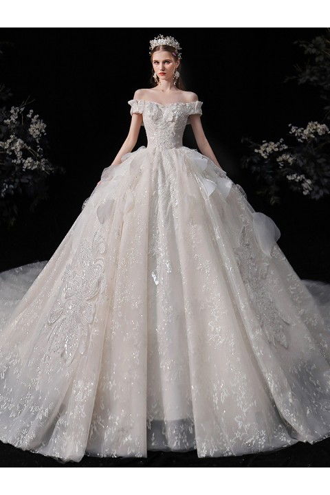 New 2021 Princess Off Shoulder Sequin Decor Embroidered Shinny Tulle Wedding Dress With Long Train