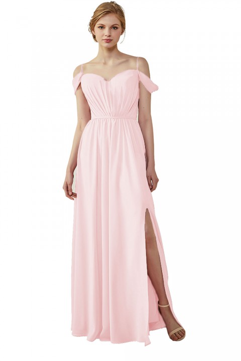 A-Line Cold Shoulder Spaghetti Straps Chiffon Bridesmaid Dress with Side Slit