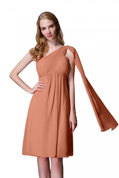 One-Shoulder Pleated Chiffon Short Bridesmaid Dress With Flowing Cape