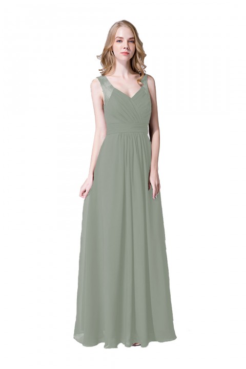 V Neck Illusion Lace Straps Keyhole Back Chiffon Ruched Bridesmaid Dress