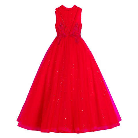 Red High Collar Sleeveless Beaded Decor Shiny Sequin Tulle Skirt Girls Pageant Dress