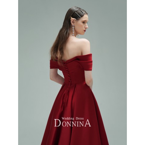 Burgundy Off Shoulder Sweetheart Beaded Neck Big Bow Decor Satin Party Dress