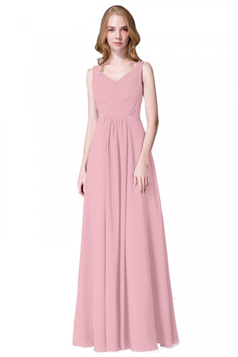 Elegant V-Back Chiffon Tank Bridesmaid Dress with Mesh Lace Inset