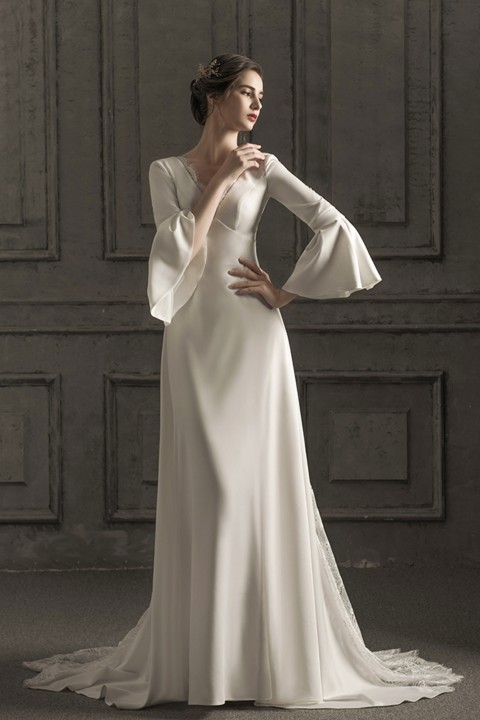 satin wedding dress with lace sleeves