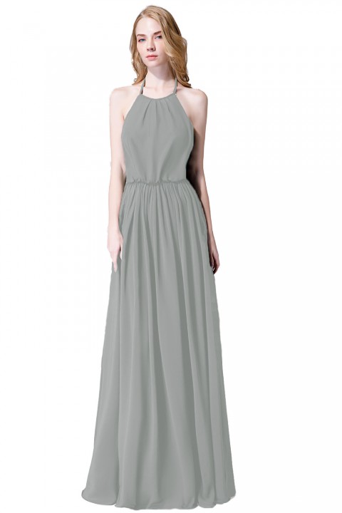 Halter Spaghetti Strap Open Back Chiffon Bridesmaid Dress with Sash