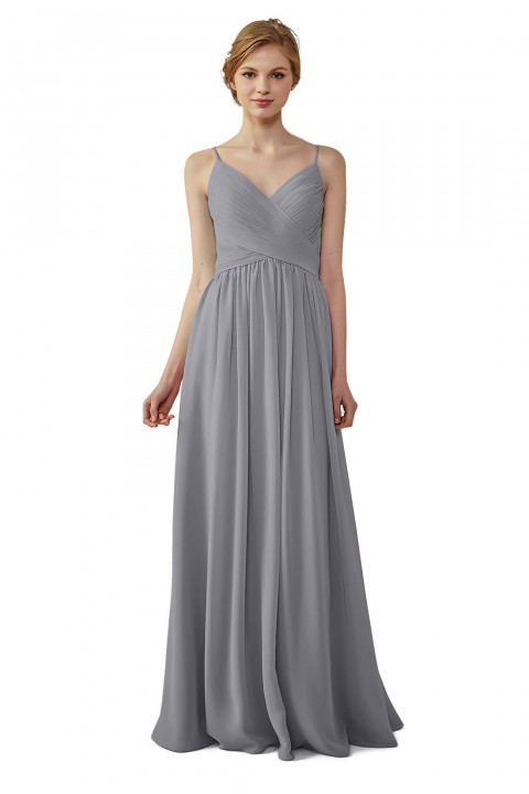 Spaghetti Straps Pleated Low V Back Bridesmaid Dress