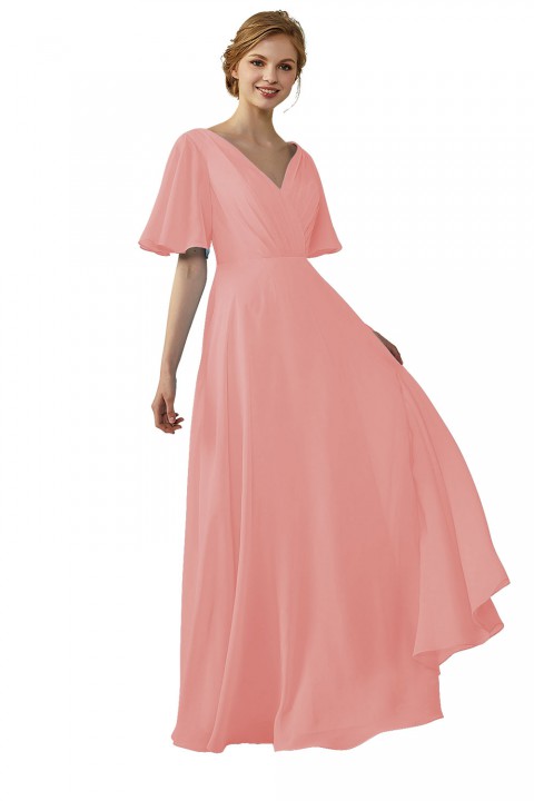 Casual V-Neck Flutter Sleeves Chiffon Ruched Bridesmaid Dress with Keyhole Back