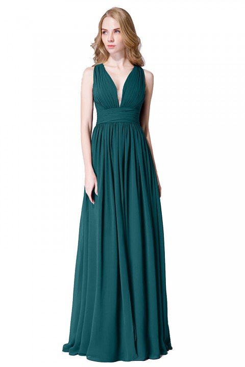 Sexy Deep V-Neck Plunging Silt Bridesmaid Dress with Keyhole Back