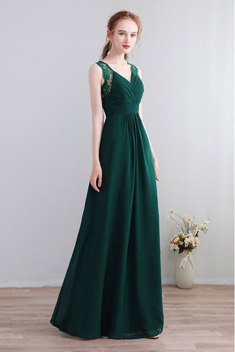 V Neck Illusion Lace Straps Keyhole Back Chiffon Ruched Bridesmaid Dress