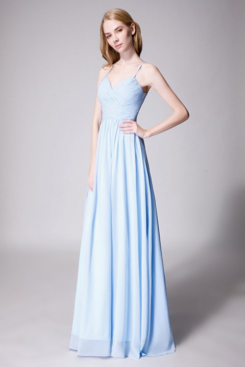 Spaghetti Straps Halter Neckline Front Cascade Bridesmaid Dress with Keyhole Back