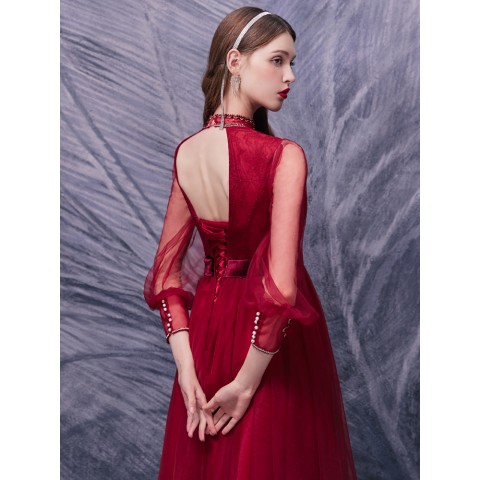 Red Deep V-neck Long Puff Sleeves Beaded Decor Shinny Belted Tulle Party Dress