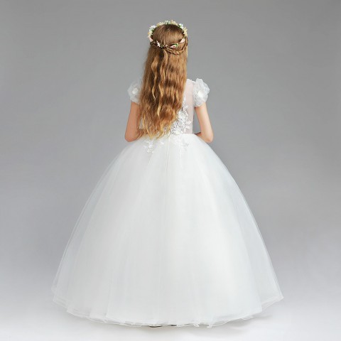 V-Neck Cap Sleeve Lace Embroidery Decor Tulle Skirt Girls Pageant Dresses