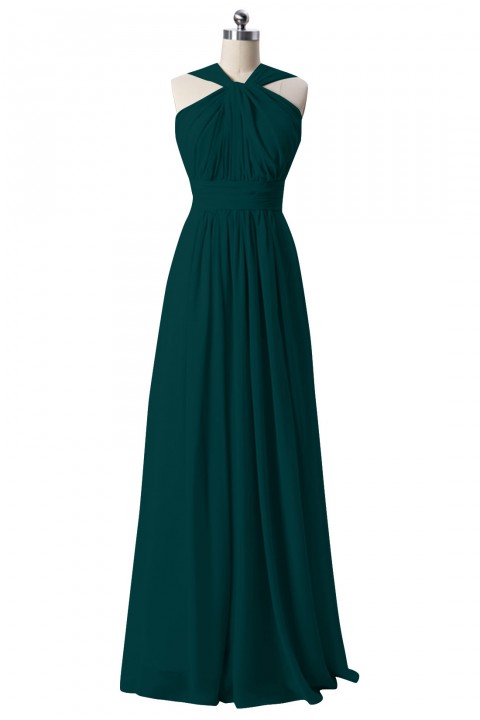 Twisted Halter Neck Pleated Bodice Illusion Back Chiffon Long Bridesmaid Dress