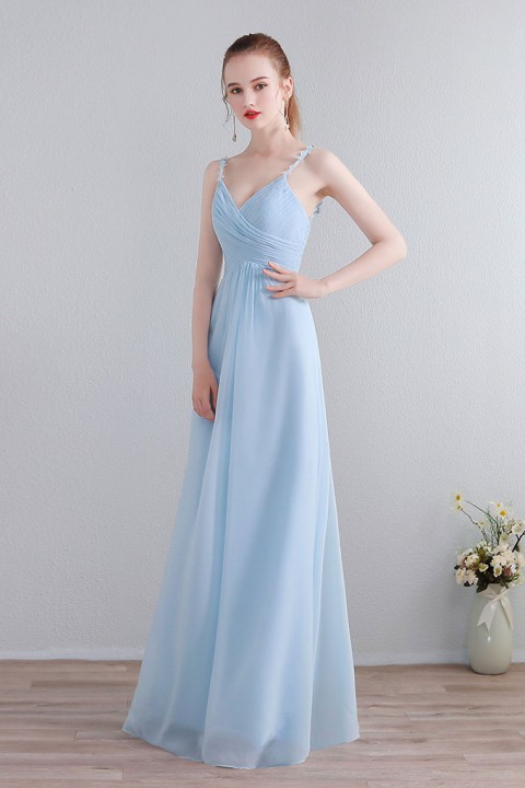 Lace Spaghetti Straps Illusion V Neck & Back Chiffon Bridesmaid Dress