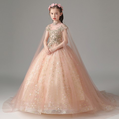 Coral Pink High Neck Cap Sleeves With Shawl Beaded Flower Decor Star Shiny Tuelle Skirt Girls Pageant Dress
