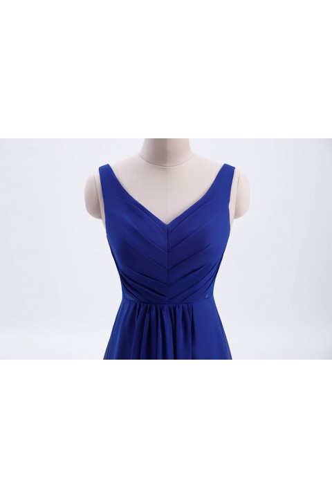 Elegant V-Back Chiffon Tank Bridesmaid Dress with Mesh Lace Inset