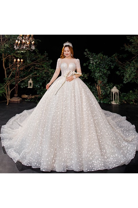 Plus Size 2021 New Off Shoulder Flower Embroidered Design Tulle Wedding Dress With Long Train