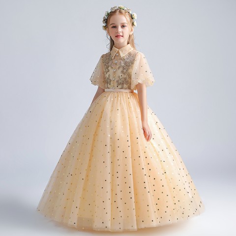 Yellow Shirt Collar Cap Sleeve Sequined&Beading Tulle Skirt Girls Pageant Dresses