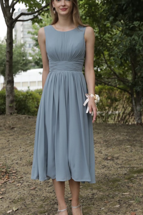 Sleeveless Round Neck Ruched Keyhole Back Chiffon Bridesmaid Dress