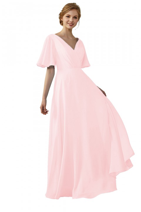 Casual V-Neck Flutter Sleeves Chiffon Ruched Bridesmaid Dress with Keyhole Back