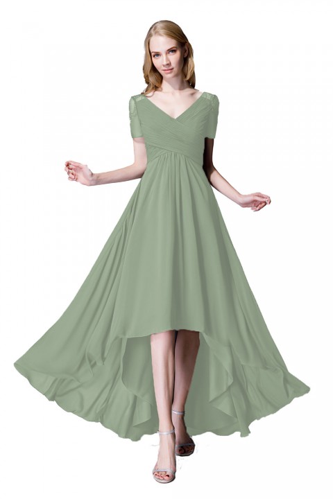 Criss Pleated V-neck High-low Chiffon Bridesmaid Dress with Illusion Sleeves