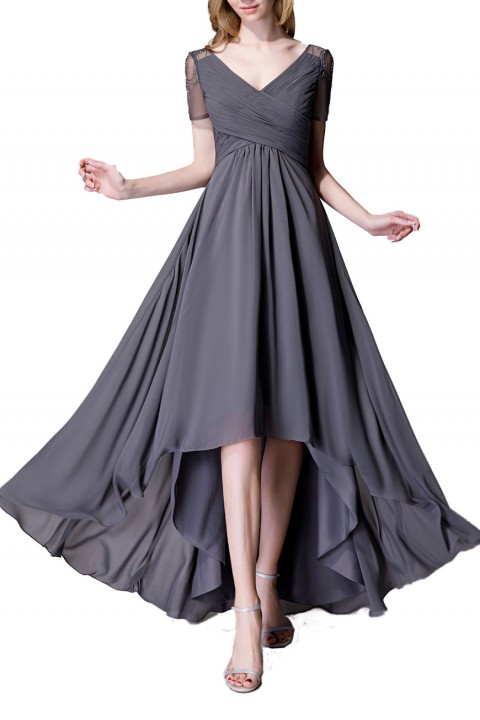 Criss Pleated V-neck High-low Chiffon Bridesmaid Dress with Illusion Sleeves