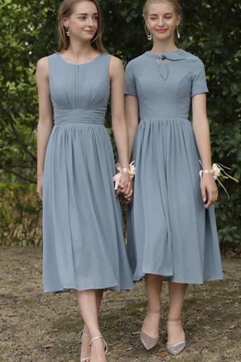 Knotted Neck Short Sleeve Chiffon A Line Bridesmaid Dress