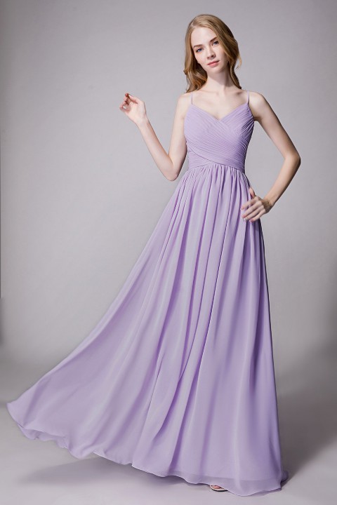 Spaghetti Straps Pleated Chiffon Bridesmaid Dress with Lace Open Back