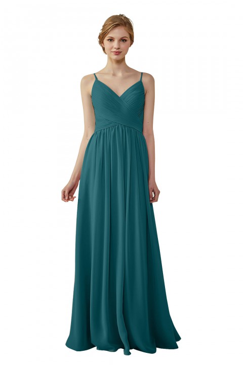 Spaghetti Straps Pleated Low V Back Bridesmaid Dress