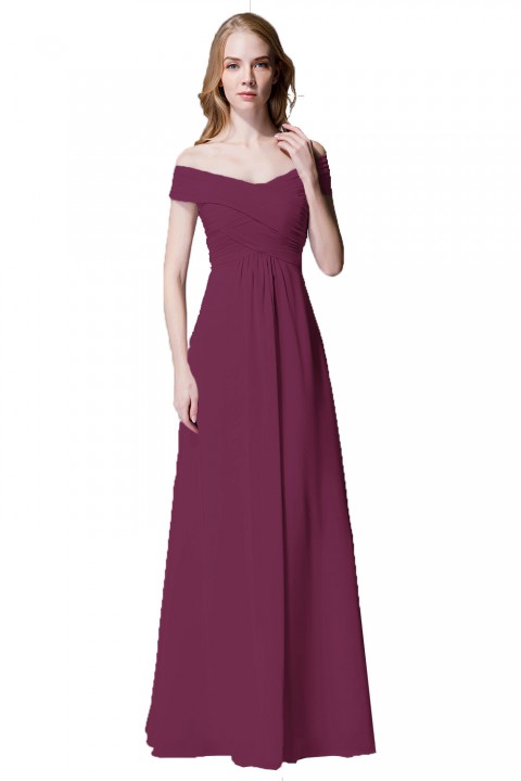 Crisscross Off-the-Shoulder Pleated V-back Bridesmaid Dress Long