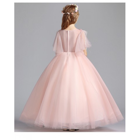 Pink V-Neck Cap Sleeve Embroidery Flowers Decor Tulle Skirt Girls Pageant Dresses