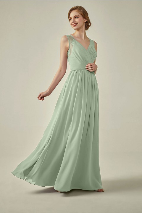 Lace Illusion Back Closure with Button Ruched V-Neck Bridesmaid Dress 