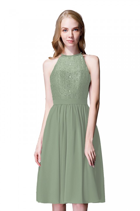 Illusion High Neck Halter Lace Short Bridesmaid Dress with Tie Detail