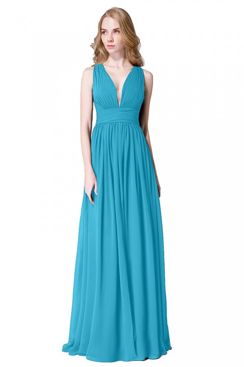 Sexy Deep V-Neck Plunging Silt Bridesmaid Dress with Keyhole Back