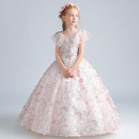 Light Pink Fantasy Round Neck Embroidered Beaded & Sequined Decor 3D Flower Tulle Skirt Girls Pageant Dress