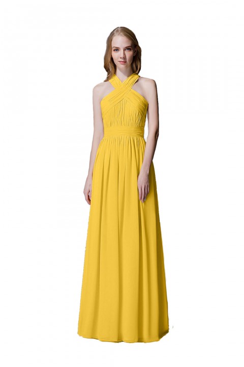 Criss-cross Halter Pleated Chiffon Bridesmaid Dress with Cross-straps Back