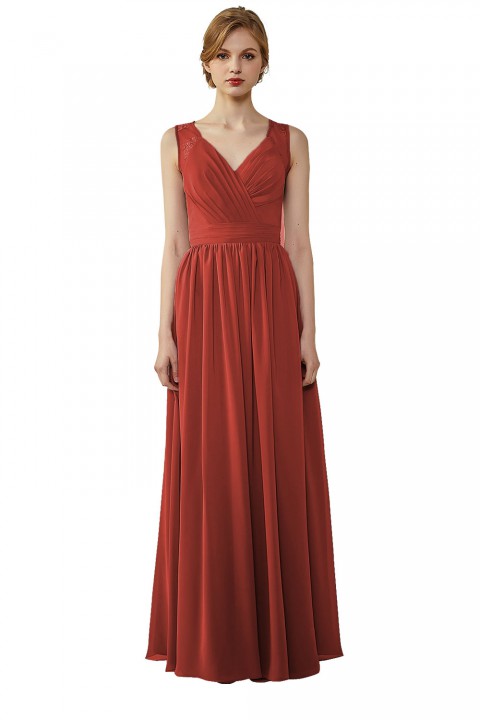 Lace Illusion Back Closure with Button Ruched V-Neck Bridesmaid Dress 