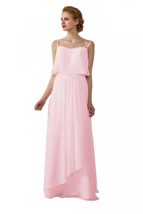 Boho Spaghetti Straps Chiffon V-Back Bridesmaid Dress with Flounce