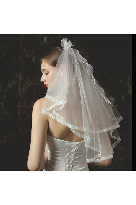 White Ribbon Bow Decor Muti-Layers Short Soft Tulle Wedding Bridal Veil With Comb